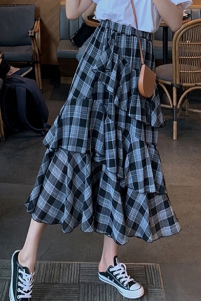 Exclusive High Rise Small Check Pattern Layered Ruffle A-line Midi Skirt