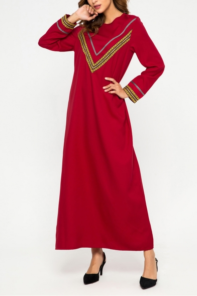Fancy Chevron Stripe Printed Round Neck Long Sleeve Red Maxi Swing Dress