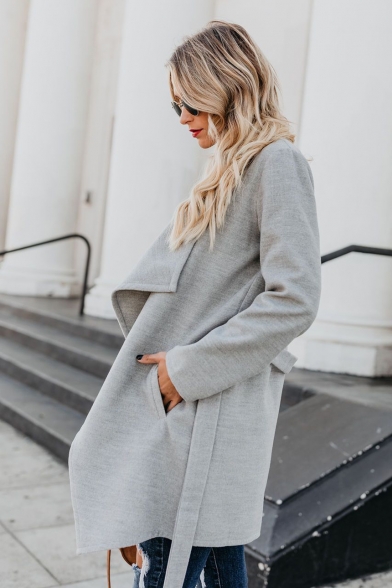 Fashion Lapel Collar Tie-Waist Long Sleeve Longline Solid Color Slim Trench Coat