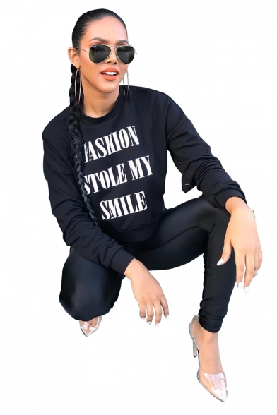 FASHION STOLE MY SMILE Letter Print Long Sleeve Round Neck Black Cropped Pullover Sweatshirt