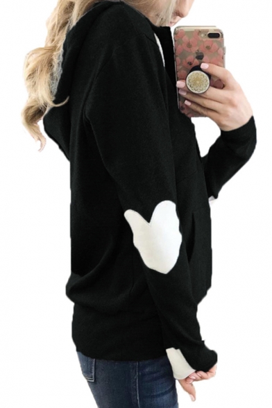Fashionable Love Heart Printed Long Sleeve Color Block Zippered Hoodie With Pocket