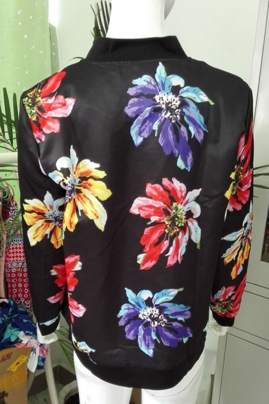 Floral Printed Stand-Up Collar Long Sleeve Tribal Style Zipper Black Thin Jacket Coat