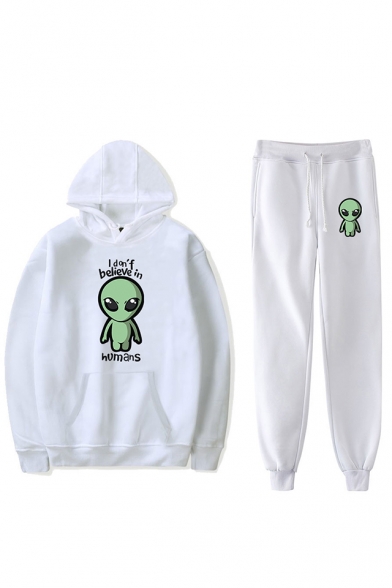 Funny Alien Letter I Don't Believe In Humans Print Hoodie with Joggers Pants Sport Loose Two-Piece Co-ords