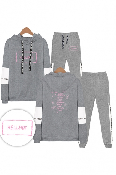 Funny Pink Letters HELLBOY Print Long Sleeve Loose Hoodie with Athletic Sweatpants Co-ords