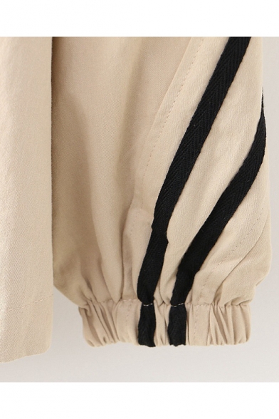 Girls Simple Stripe Long Sleeve Hooded Zip Up Casual Loose Jacket Coat