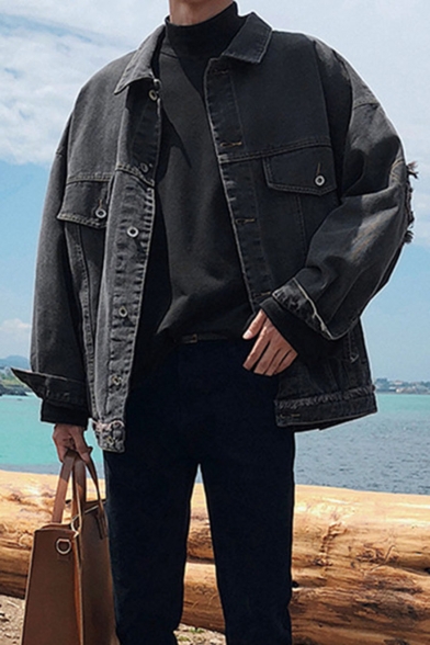 Guys Hot Fashion Plain Long Sleeve Casual Lapel Collar Pockets Loose Black Denim Jacket