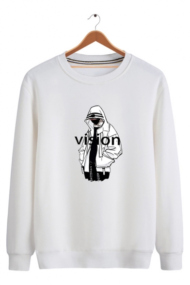 Guys New Fashion Letter VISION Figure Printed Round Neck Long Sleeve Casual Sweatshirt