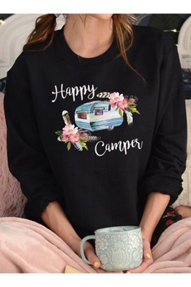 Happy Camper Letter Flower Printed Round Neck Long Sleeve Black Leisure Pullover Sweatshirt