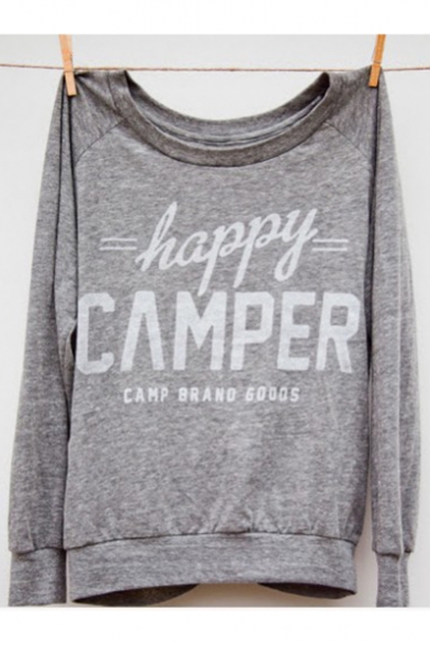 Happy CAMPER Letter Print Round Neck Long Sleeve Gray Sweatshirt