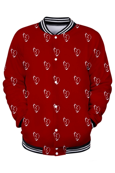 Hot Fashion 3D Heart Printed Rib Stand Collar Long Sleeve Button Down Loose Baseball Jacket