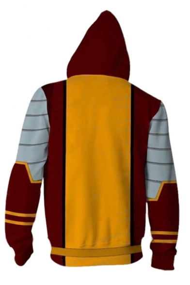 Hot Fashion Colorblock Stripe Pattern Comic Cosplay Costume Red and Yellow Long Sleeve Zip Up Hoodie