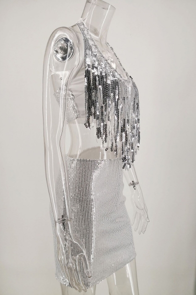 Hot Fashion Sleeveless Sequin Fringe Hem Umbilical Top with High Waist Mini Skirt Slivery Two Piece Set
