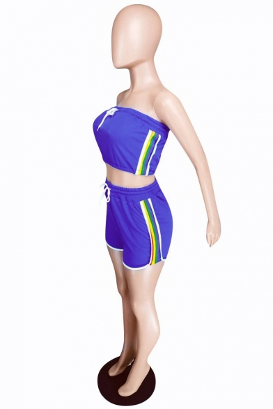 Hot Popular Blue Sport Styles Stripe Side Strapless Bandeau Top with Elastic Dolphin Shorts Co-ords