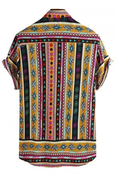 Hot Popular Ethnic Short Sleeve Button Down Tribal Printed Casual Loose Shirt