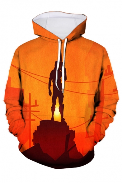 Hot Popular Game Theme Figure 3D Printed Long Sleeve Orange Loose Drawstring Hoodie