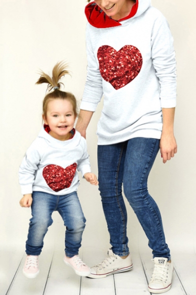 Hot Popular Glitter Sequined Patched Lover Heart Printed Casual Loose Parent-Child Long Sleeves Pullover Hoodie