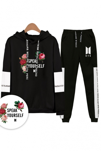 

Hot Popular Letters Floral Print Patterns Long Sleeve Loose Hoodie with Sport Sweatpants Co-ords, Black;white;gray;navy, LM556345