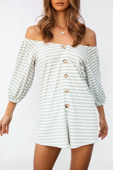 Hot Sexy Green Off Shoulder 3/4 Sleeve Striped Printed Button Down Elastic Cuff Holiday Rompers
