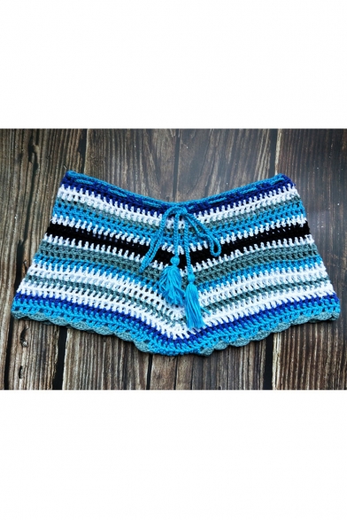 Hot Stylish Womens Tie Waist Striped Crochet Knitting Cutout Sexy Bikini Short