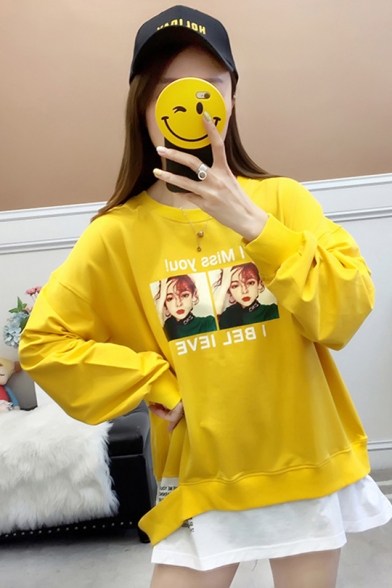 I Miss You Letter Girl Printed Two-Piece Long Sleeve Round Neck Loose Sweatshirt