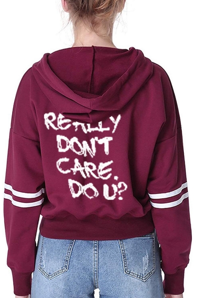 I Really Don't Care Do U Letter Printed Striped Long Sleeve Cropped Hoodie for Women
