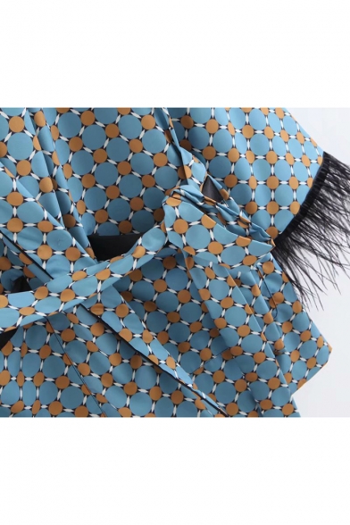 Leisure Geometric Printed Lapel Collar Tie-Waist Raw Edges Blazer Coat with Pockets