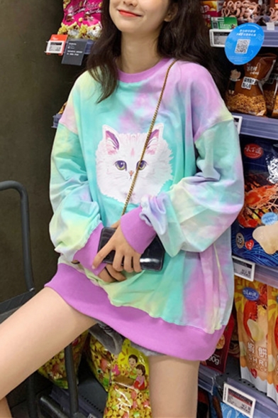 Lovely Cat Print Round Neck Long Sleeve Tie-Dyed Loose Pullover Sweatshirt