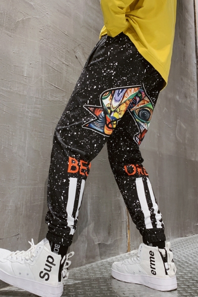 Men's Cool Fashion Galaxy Letter Stripe Printed Black Trendy Casual Track Pants