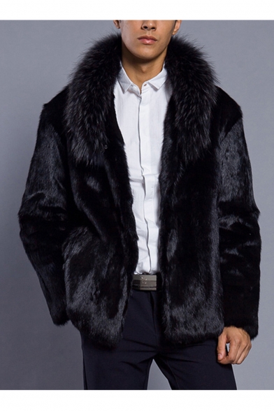 Men's Hot Popular Stand Collar Long Sleeves Open-Front Plain Casual Black Shearling Coats