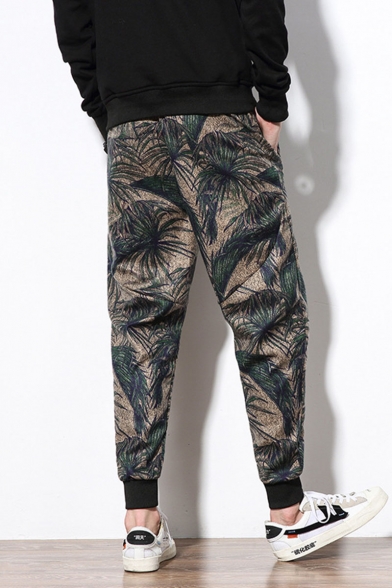 Men's New Fashion Coconut Tree Printed Drawstring Waist Casual Cotton Tapered Pants