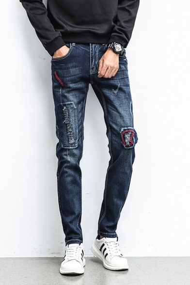 Men's New Fashion Embroidered Detail Dark Blue Slim Fit Vintage Trendy Ripped Jeans