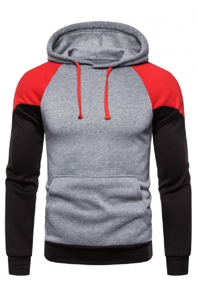 Men's Popular Fashion Colorblock Pacthed Long Sleeve Drawstring Hooded Casual Sports Pullover Hoodie with Pocket