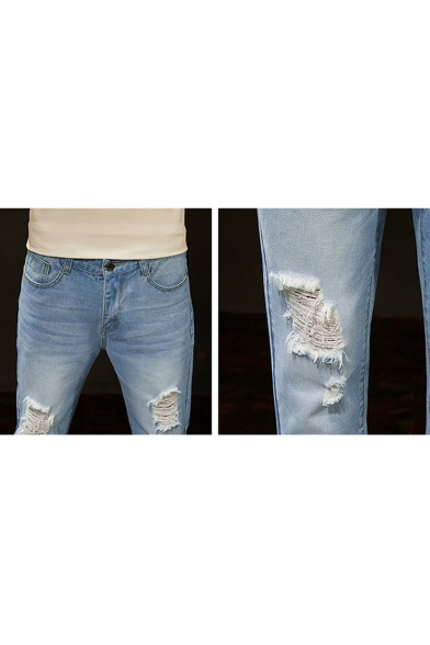 Men's Simple Fashion Light Blue Distressed Slim Ripped Jeans