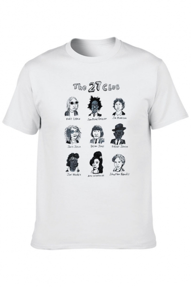 Mens Cool Letter THE 27 CLUB Cartoon Print White Round Neck Short Sleeve T-Shirt