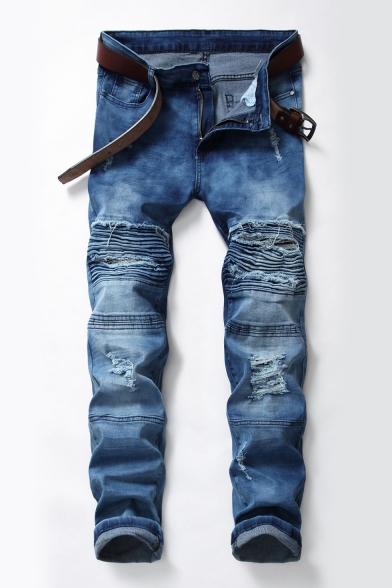 Mens Hot Fashion Pleated Patched Blue Slim Fit Ripper Biker Jeans