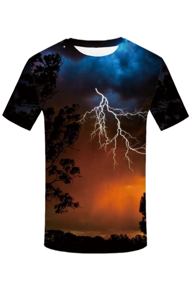 Mens Short Sleeve Round Neck 3D Lightning Printed Casual T Shirt
