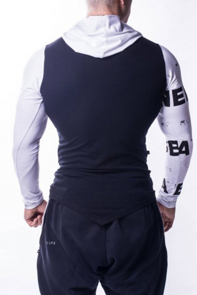 Mens New Fashion Colorblock Letter Printed Long Sleeve Slim Fitted Sports Hoodie