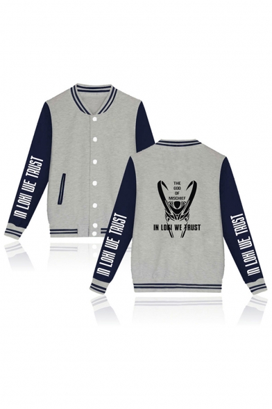 Mens New Fashion Letter Printed Rib Stand Collar Long Sleeve Button Down Unisex Baseball Jacket