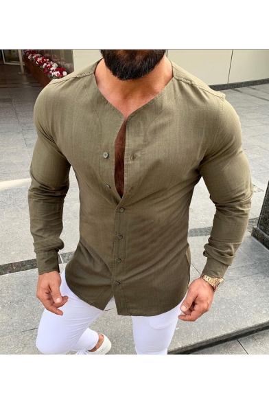 Mens New Trendy Basic Solid Color Long Sleeve Button Down Slim Fitted Casual Sports Linen Shirt