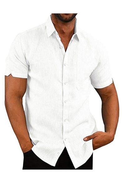 Mens Plain Short Sleeve Button Down Pocket Front Linen Cotton Shirt