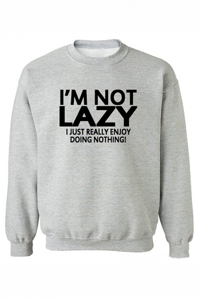 Mens Simple Fashion Letter I'M NOT LAZY Printed Round Neck Long Sleeve Casual Pullover Sweatshirts