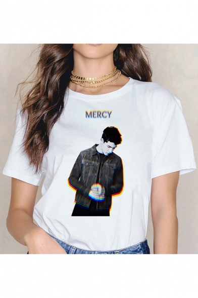 MERCY Letter Portrait Printed White Loose Fit Short Sleeve T-Shirt