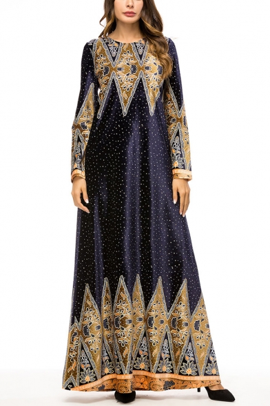 Moslem New Stylish Round Neck Long Sleeve Boutique Floral Tribal Print Swing Maxi Dress