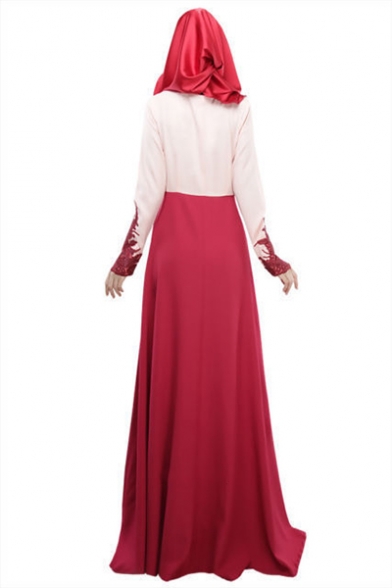 Moslem Round Neck Long Sleeve Lace Panelled Pleated A-Line Maxi Dress