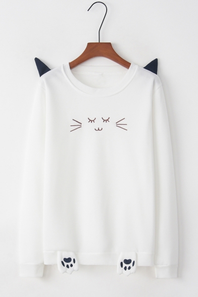 New Arrival Long Sleeve Round Neck Cat Embroidered Patchwork Loose Sweatshirt