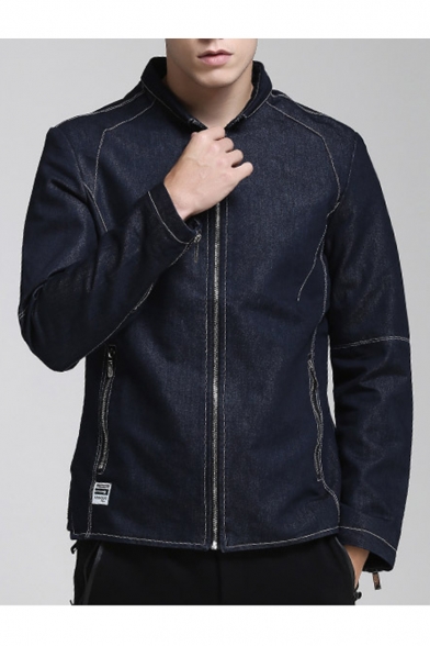 New Arrival Popular Plain Stand Collar Long Sleeve Zip Up Fitted Black Denim Jacket