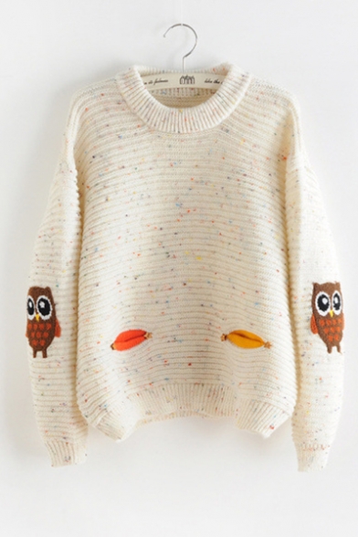 New Arrival Womens Lovely Owls Print Round Neck Crop Sleeve Ribbed Knitted Sweater