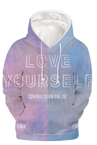 New Fashion Colorblock Letter LOVE YOURSELF 3D Printed Purple and Blue Long Sleeve Pullover Hoodie