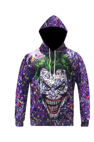 New Fashion Cool Joker 3D Printed Long Sleeve Loose Fit Purple Casual Pullover Drawstring Hoodie