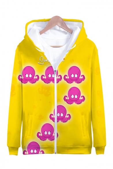 New Fashion Funny Octopus 3D Printed Long Sleeve Yellow Zip Up Hoodie